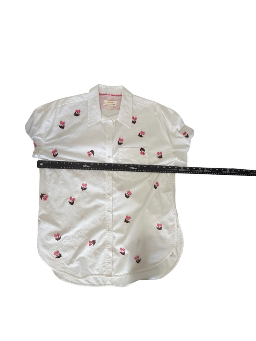 Maeve White Shirt with Pink Cherries and Burgundy Leaves from Anthropologie - Picture 6 of 7